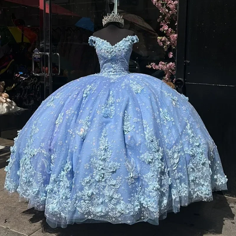 flowy maxi dressLight Blue Vestido De XV Años Applique Quinceanera Dresses Off The Shoulder Mexican Girls Sweet 15 Birthday Party Dress