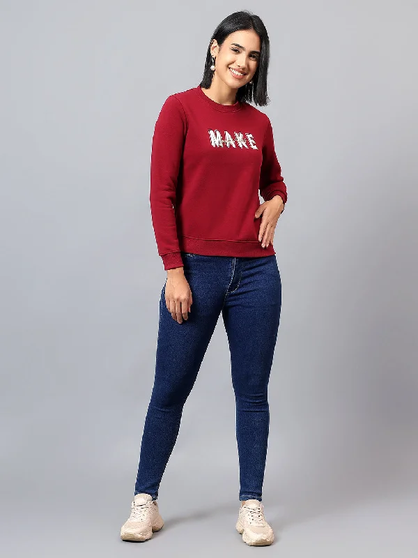 fashionable gym hoodieWomen's Maroon Printed Round Neck Sweatshirt