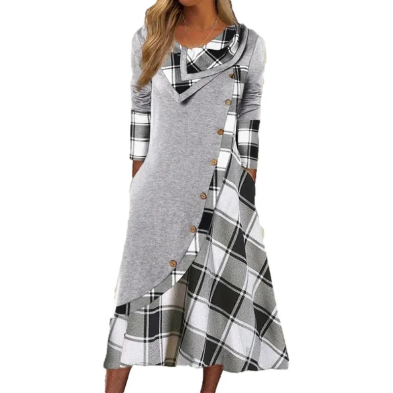 textured dressWomen's Clothing European And American Amazon Printed Plaid Stitching Button Strip Pocket Heap Collar Long Sleeves Dress