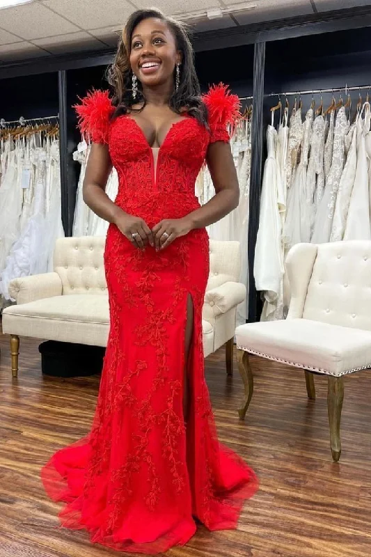 sophisticated dressRed Lace Mermaid Prom Dress With Split,Red Evening Dress Y5721