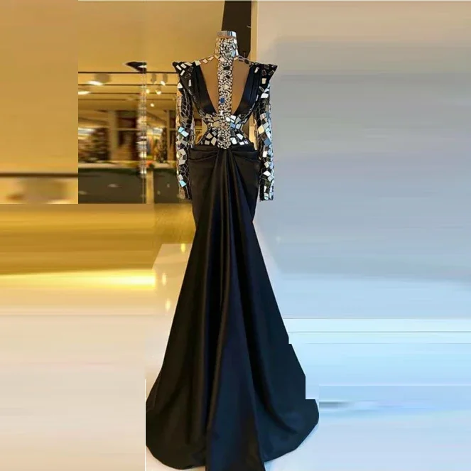 cocktail dressGorgeous Evening Prom Dresses Black Fashion Sequined Floor Length Mermaid Gowns Full Sleeves Elegant Formal Evening Dress