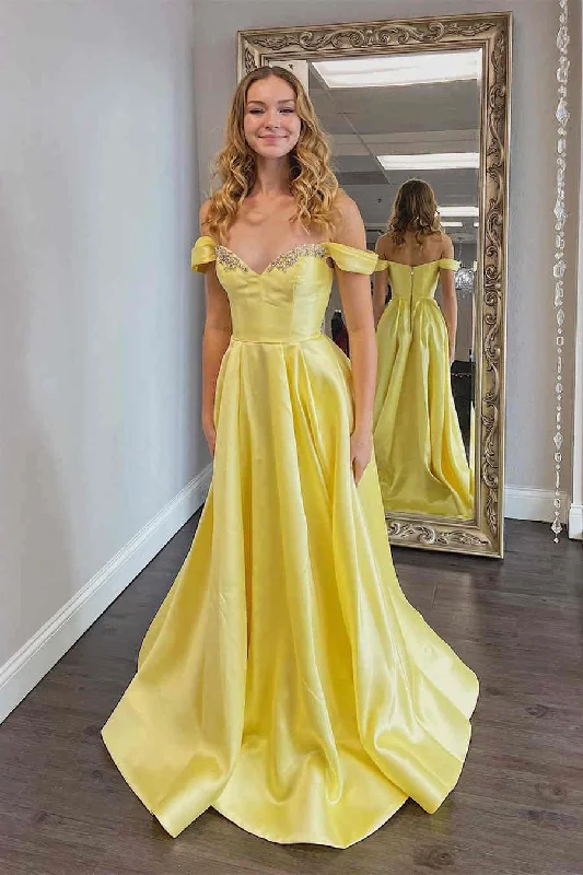 fitted dressA-Line Off the shoulder Yellow Prom Dress