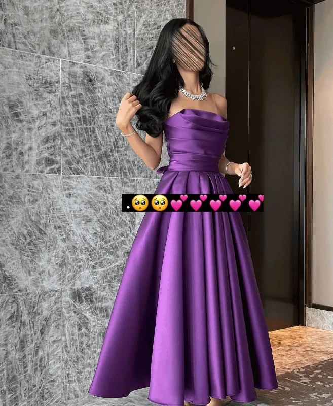 pleated dressElegant Off the Shoulder Evening Dress with Tiered Ruched A-Line Tea Length Satin Prom Dress High Quality