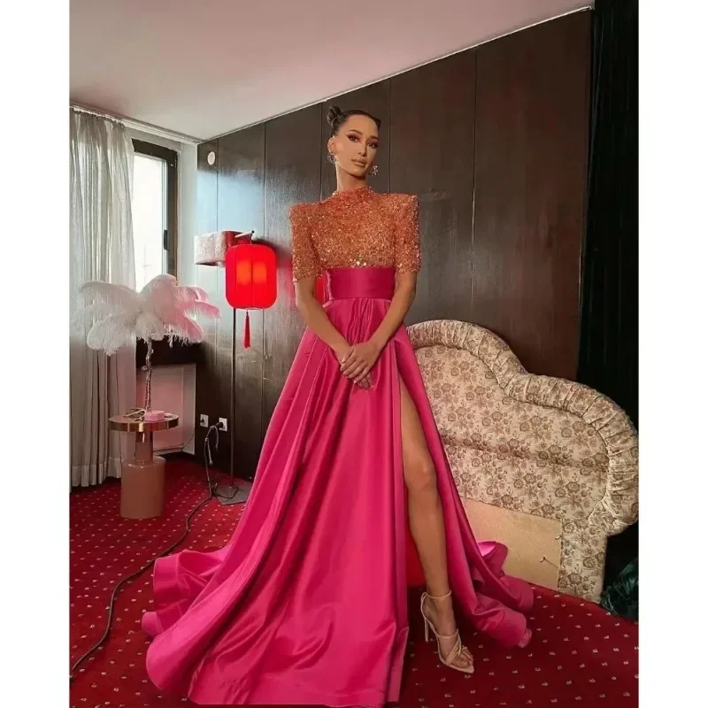 textured dressSatin Sequins Glitter Prom Dress with Slit High-Neck Ball Dress A Line Formal Evening Party Gown for Women Robe De Soirée