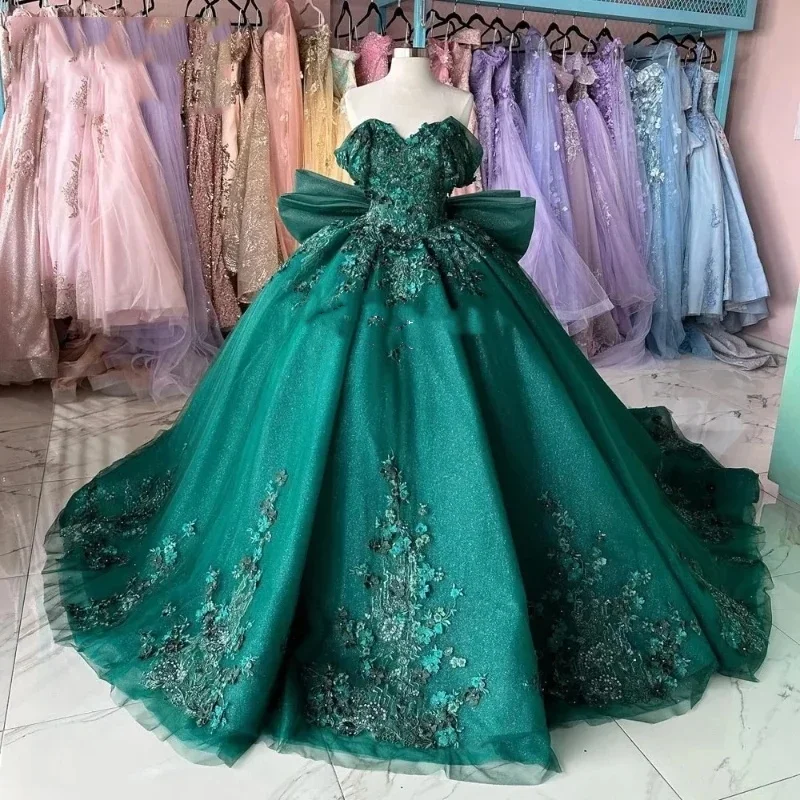 satin dressGreen Shiny Off Shoulder Quinceanera Dress Prom Dress Floral Applique Lace Beads Bow Princess Dress Sweet 15Year Old Party Dress