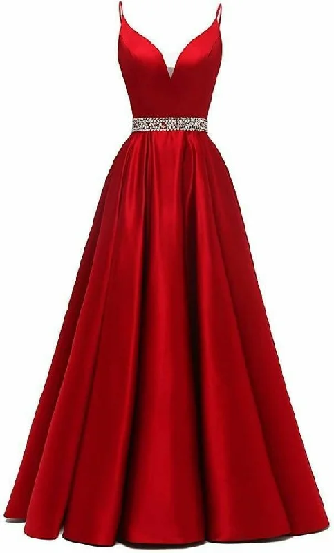 flowy evening dressLong Evening Dress for Women Sexy Spaghetti Straps Illusion V- Neck Satin Party Formal Prom Gown Y6164