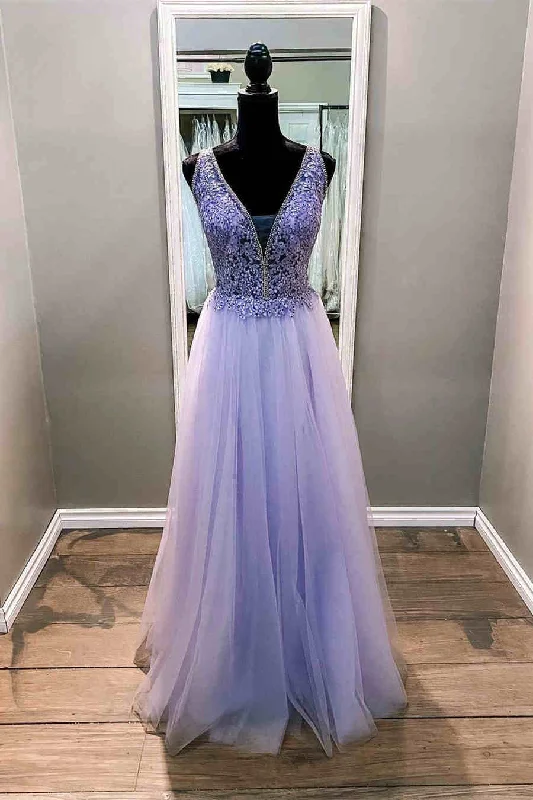 high-waisted dressElegant Beaded Lavender Formal Dress