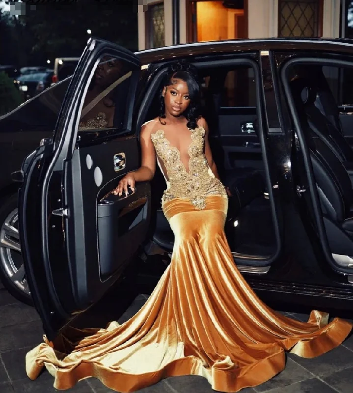 printed dressInvincible Gold Crystal Velvet Long Prom Dresses For Black Girls Rainstones Elegant Graduation Dress African Wedding Dresses