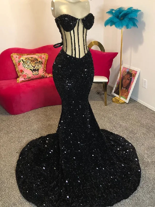 elegant dressLong Mermaid Sheer Bodice Black Prom Dresses for Black Girls vestidos para eventos especiales Graduation Homecoming Dress