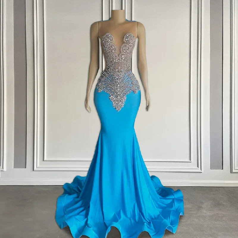 backless dressElegant Blue Long Prom Dresses Luxury Crystal Beaded Mermaid Style Black Girls Prom Gala Gowns