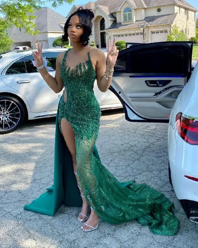 winter dressEmerald Green Mermaid Black Girl Prom Dress Sparkly Diamond Crystal Slit Birthday Party Gown vestidosa de boda invitada