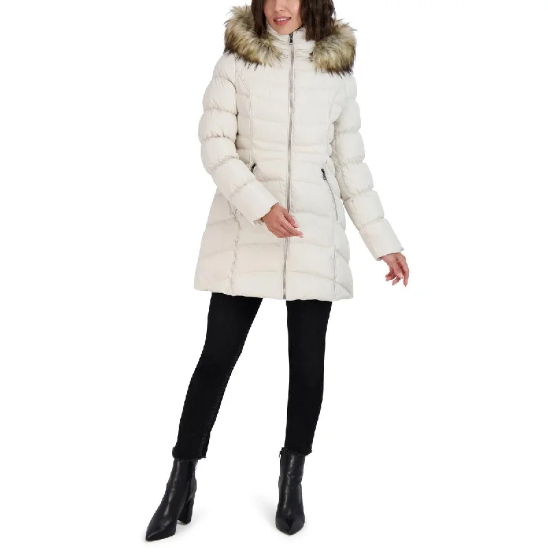 fashionable quilted coatWomens Faux Fur Trim Hooded Puffer Jacket