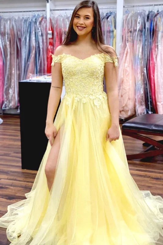 relaxed fit dressElegant A-Line Off the Shoulder Yellow Prom Dress with Slit