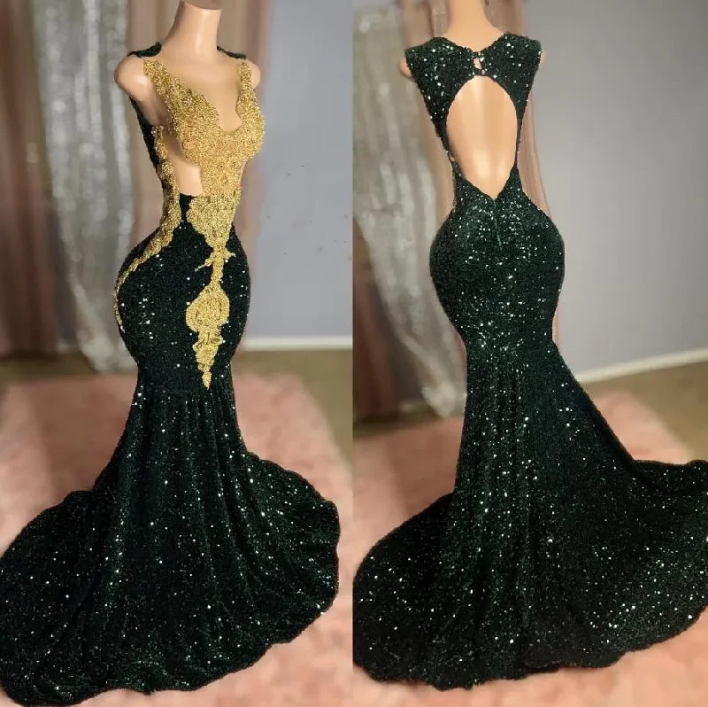 lace-up dressEmerald Green Mermaid African Prom Dress for Women Luxury Crystal Beaded Black Girl Birthday Evening Gown vestidos de festa