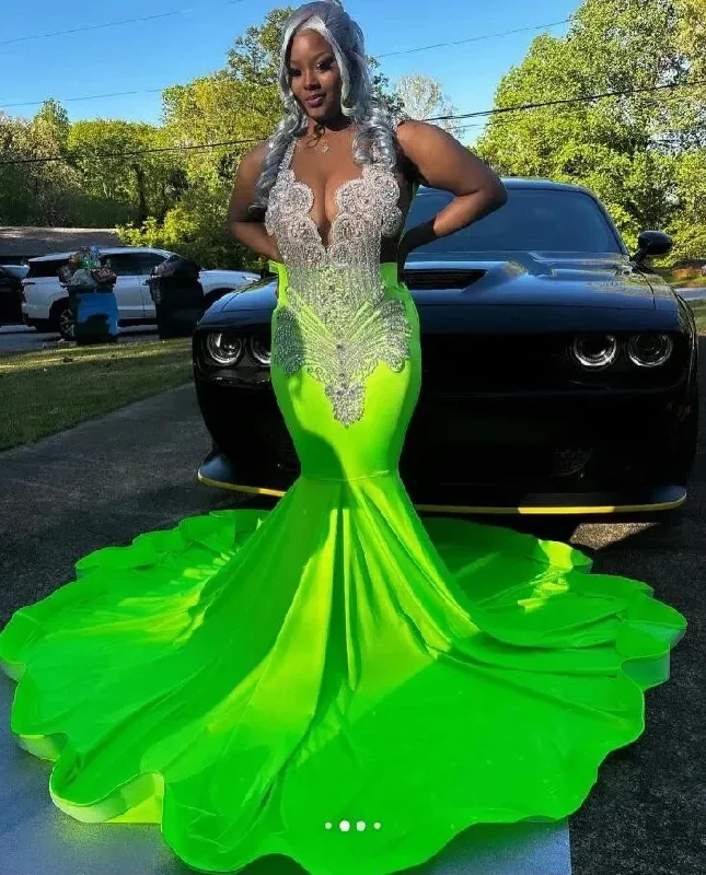 silk dressGreen Sparkly Mermaid Prom Occasion Party Dresses for Black Girl Diamond Crystal Evening Birthday Gala Dress plus szie