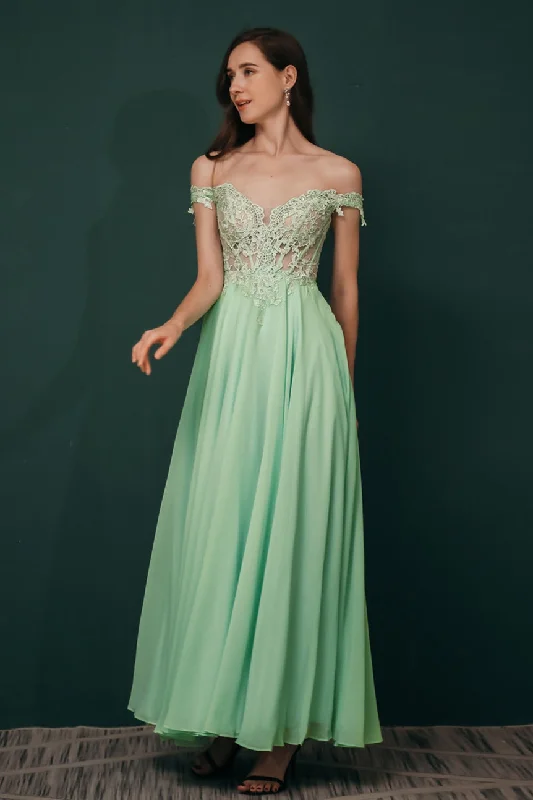 cocktail party dressOff the Shoulder Mint Green Chiffon Long Prom Dress