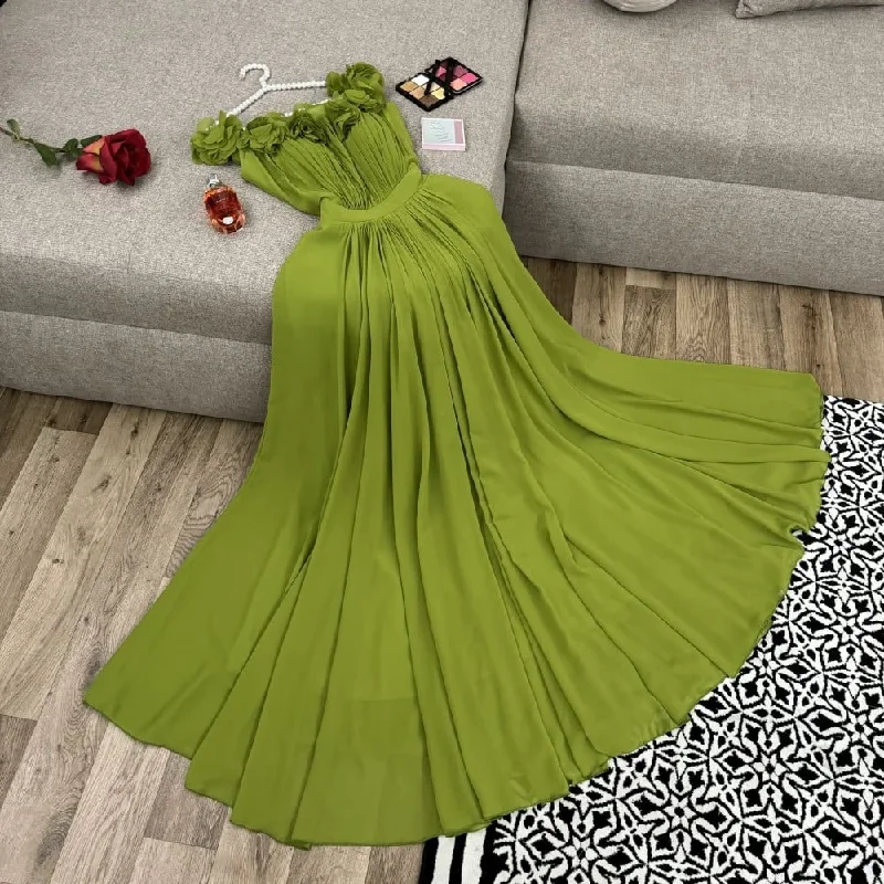 A-line dressElegant Off Shoulder Evening Dresses Chiffon Formal Occasion Prom Gowns Flowers Floor Length Party Dress