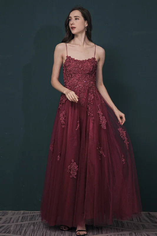 draped dressBurgundy A-line Lace Appliques Long Formal Dress