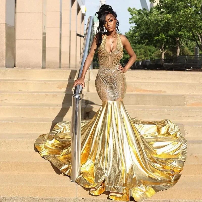 fitted bodycon dressSparkly Gold Crystal Prom Dresses Backless Rhinestone Tassel Mermaid Party Gowns Sweep Train African Women Evening Dress