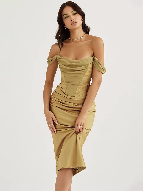 elegant evening dressBerriesJam - Off Shoulder Elegant Draped Neck Satin Midi Dress