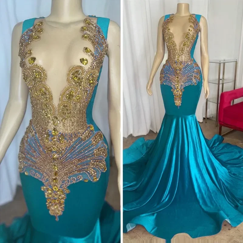 lace dressElegant Turquoise Prom Dresses For Black Girls Rhinestone Velvet Mermaid Party Gowns Evening Dress