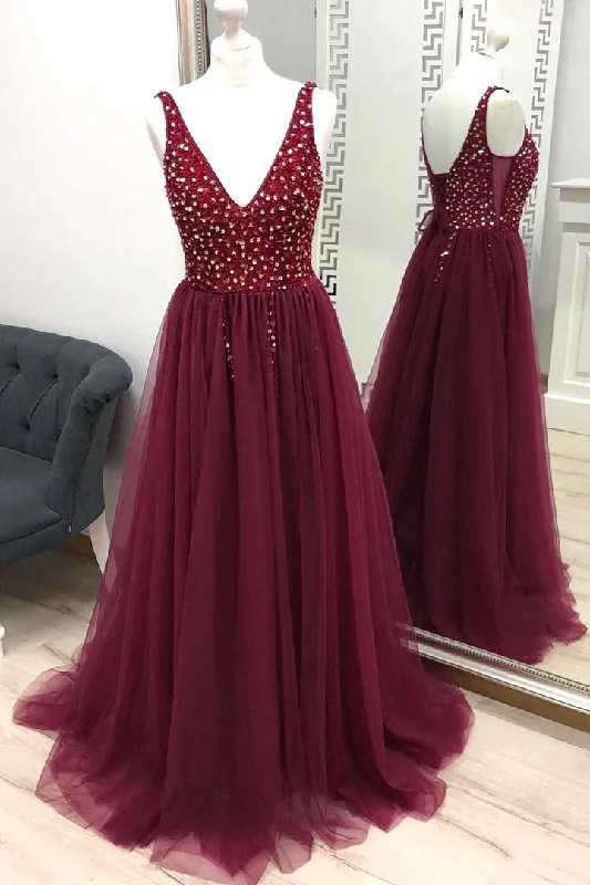 sophisticated dressV-Neck Beaded Long Tulle Burgundy Prom Dress