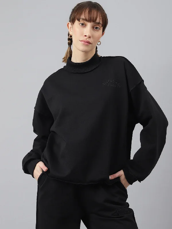 pullover workout hoodieFitkin Women Black Crew Neck Oversized Designer Sweatshirt