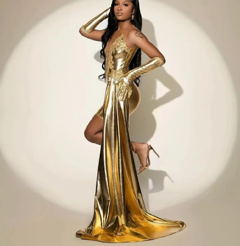 relaxed fit dressGolden Shinny Beading Short Prom Gowns With Gloves And Train Mermaid Birthday Dress 2024 Luxious vestidos de graduación