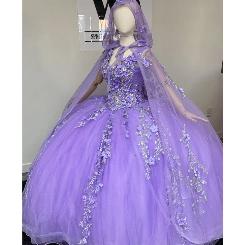 classic fit-and-flare dressLavender Quinceanera Sweet 16 Dresses V-Neck Lace Applique 3D Flower Beading Lace-up Prom Ball Gowns Graduation