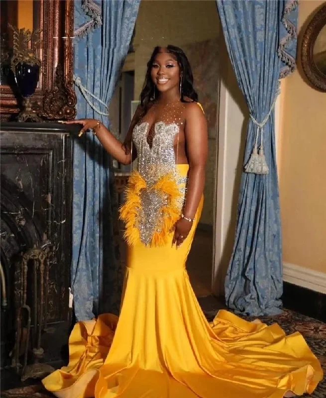 casual summer dressYellow O Neck Long Prom Dress 2024 Beaded Crystal Birthday Party Dresses Tassel Evening Gowns Feathers Formal Gown Robe De Bal