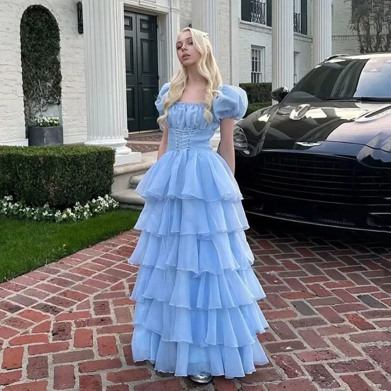 boho-chic dressFashion Lady Sky Blue Tiered Skirt Prom Dress Puff Short Sleeves Lace Up Formal Party Evening Gown Teen Birthday Vestidos