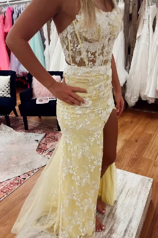 chic slip dressFloral Yellow Split Mermaid Prom Evening Dress Y6465