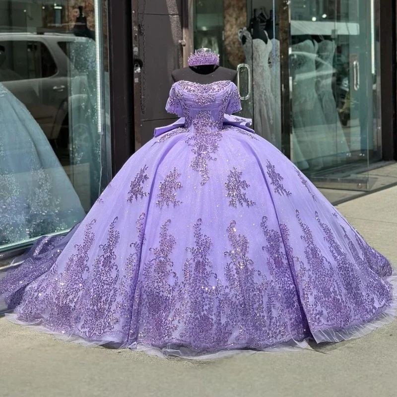 ruffle dressGlitter Lavender Off The Shoulder Princess Quinceanera Dresses Sequins Appliques Lace Beads Tull Sweet 15th Prom Party Vestidos