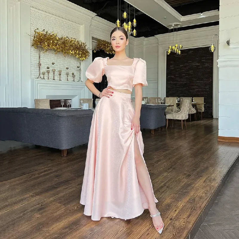 minimalistic dressPink Satin Evening Dresses Short Sleeves Two Pieces Prom Dresses Square Collar Prom Gowns Slit vestidos de novia 2024