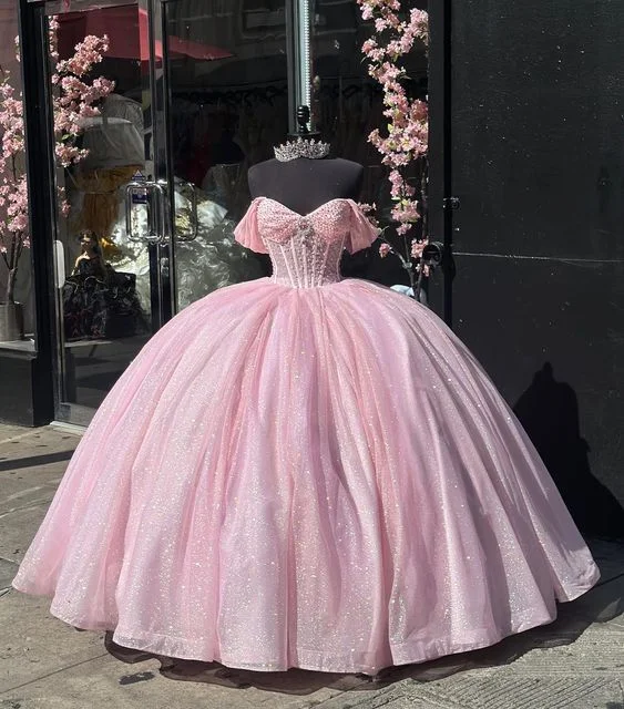 casual slip dressGlitter Off The Shoulder Pink Ball Gown,Pink Sweet 16 Dress,Pink Princess Dress  Y7002