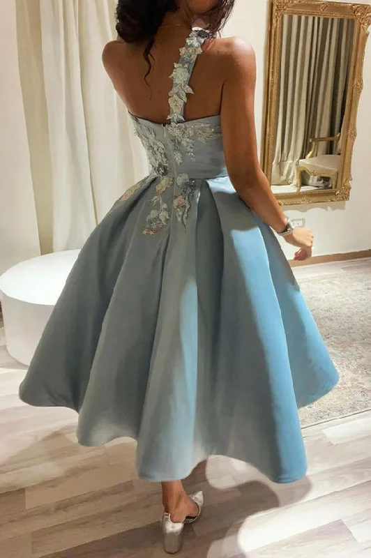 casual slip dressCute One Shoulder Satin Lace Short Prom Dress, A-Line Party Dress