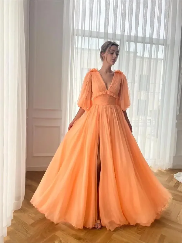 elegant evening dressWomen's V Neck Puffy Sleeve Prom Dresses Open Back Long Chiffon High Slit Formal Party Gown with Pockets