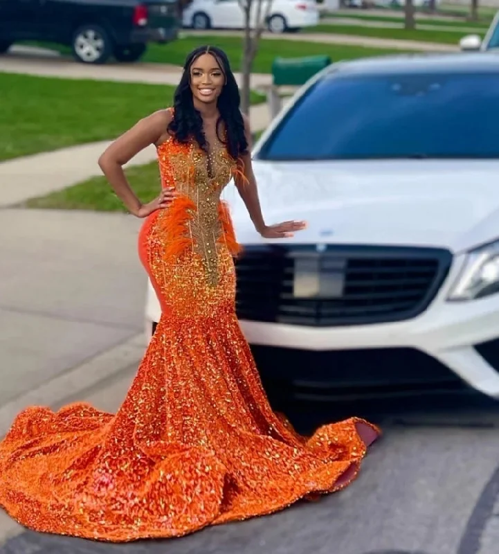 luxury dressGolden Diamonds Orange Prom Dress Sparkly Beads Crystal Rhinestones Feathers Sequins Birthay Party Gown Robe De Bal