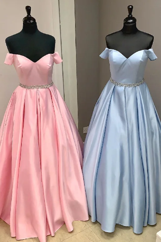 casual dressElegant Off the Shoulder Satin Beaded Long Prom Dress