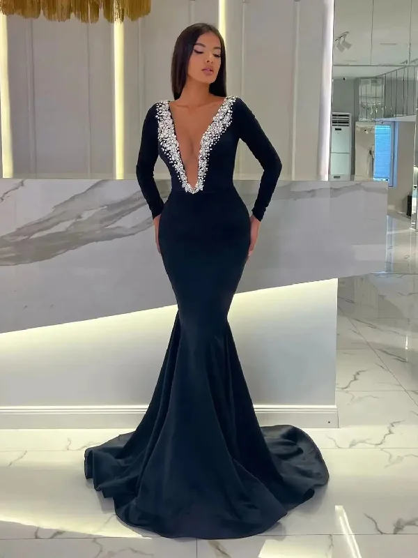 minimalistic dressElegant Black Mermaid Prom Dresses Long Sleeves Sheer Neck Beaded Women Formal Occasion Dress Stretch Satin Vestidos de fiesta