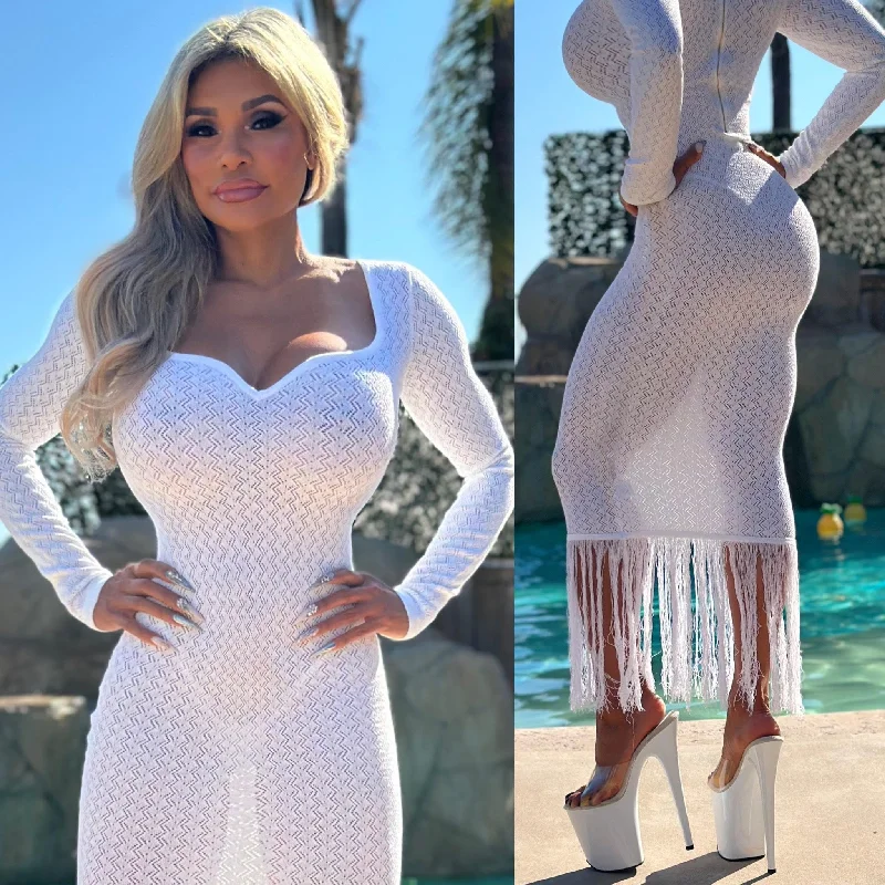 comfy maxi dressConnie's LIMITED "RICH PRINCESS WHITE STRETCH KNIT Midi 🍸" Stretch Semi See thru knit with Long Fringe Hem accent