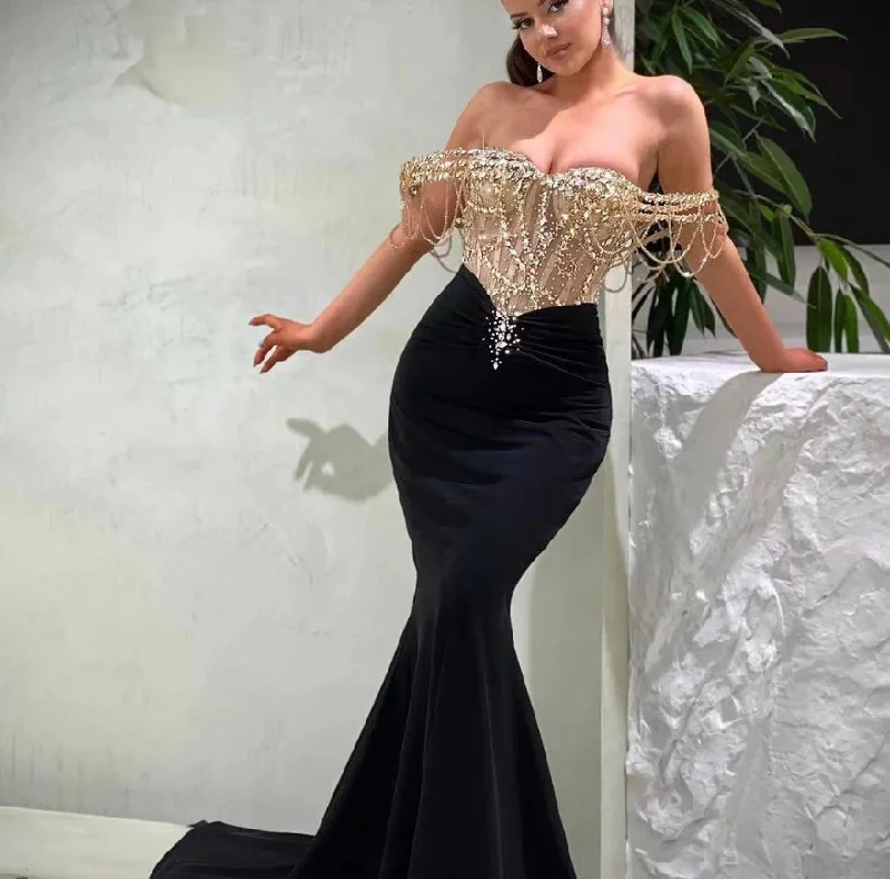 flowy maxi dressSexy Mermaid Black Prom Dresses For Women Sweetheart Off Shoulder Cocktail Dresses Crystals Evening Gown Vestidos De Cóctel