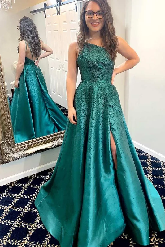 silk dressOne Shoulder Green A-line Long Formal Dress