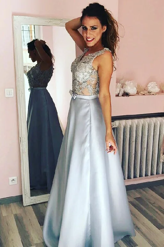 floral midi dressElegant A-Line Silver Long Prom Dress with Appliques