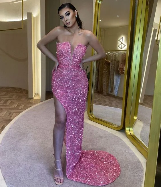 modern dressSexy Birthday Dresses Pink Slit Sequin Prom Dresses Birthday Outfits