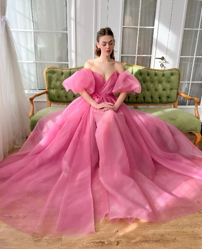 long-sleeve floral dressOrganza Off the Shoulder Evening Dresses With Belt Sweetheart Pleated High Split Party Gowns Elegant Backless Lace Up Prom Dress