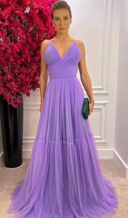 comfy dressA-line V Neck Purple Tulle Prom Dress,Purple Evening Dress Y6168