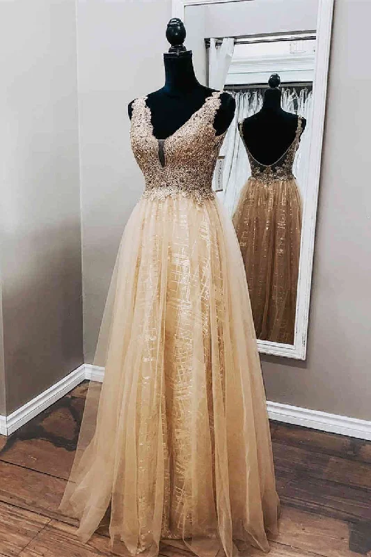 satin midi dressA-Line Champagne Tulle Formal Dress with Appliques