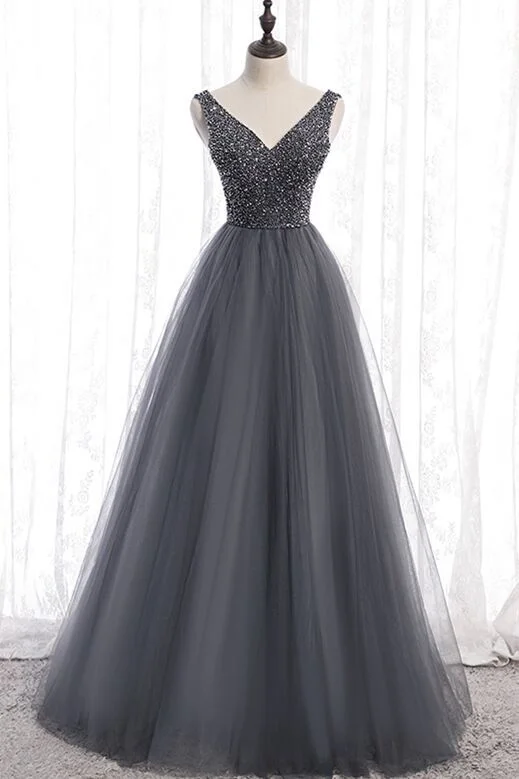 casual dressClassic A-line Grey Tulle Long Formal Dress