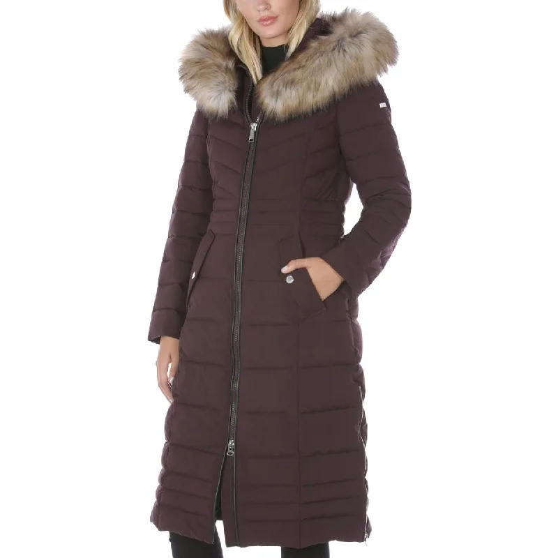 lightweight outerwearWomens Faux Fur Trim Hooded Puffer Jacket